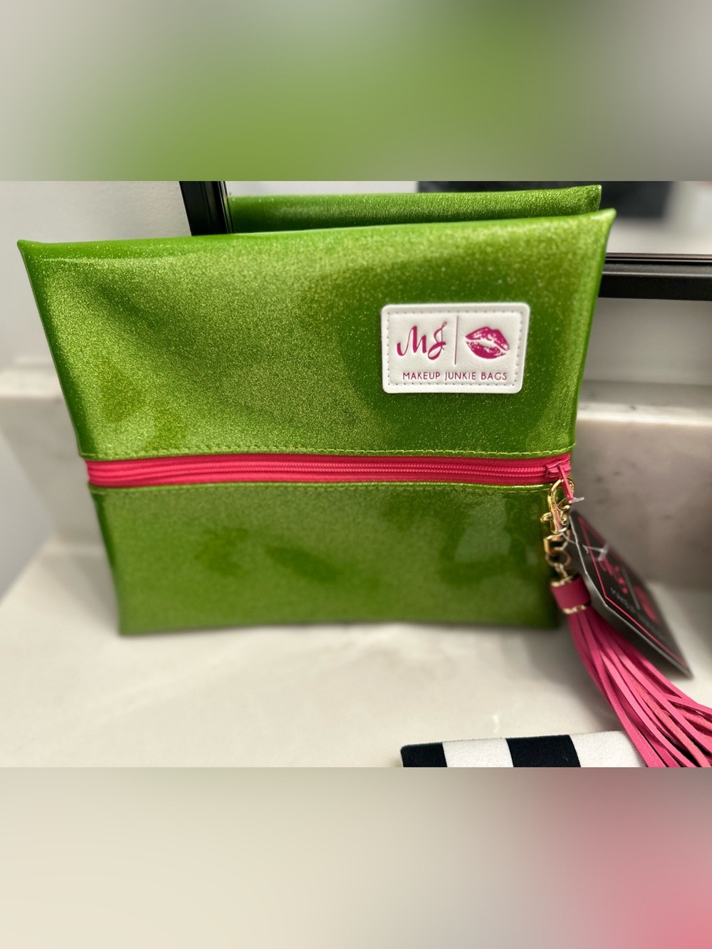 NWT Makeup Junkie Glitter Green and hot pink Small bag